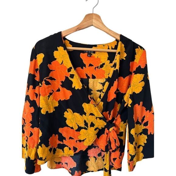 TOPSHOP Big Bloom  Multicolore Tie Wrap Blouse Gold Leaves Size 2 XS Fairy - Picture 1 of 12